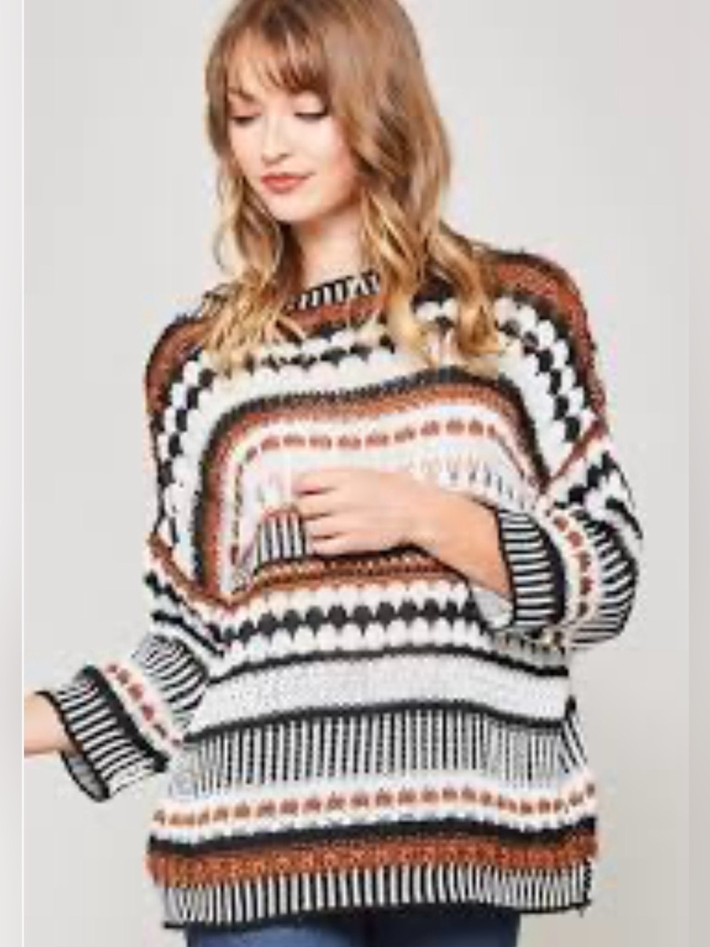 Kismet Striped Fair Isle Crewneck Boho Aztec Knit Sweater Oversized Drop Sleeves